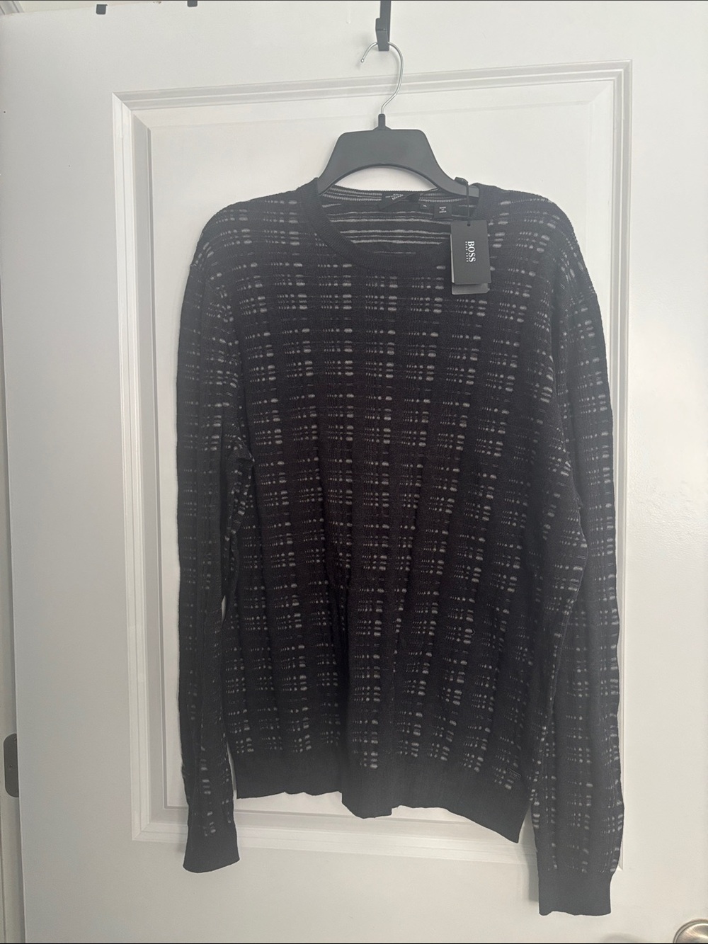 BOSS Black Crewneck Sweater with Subtle Gray Plaid